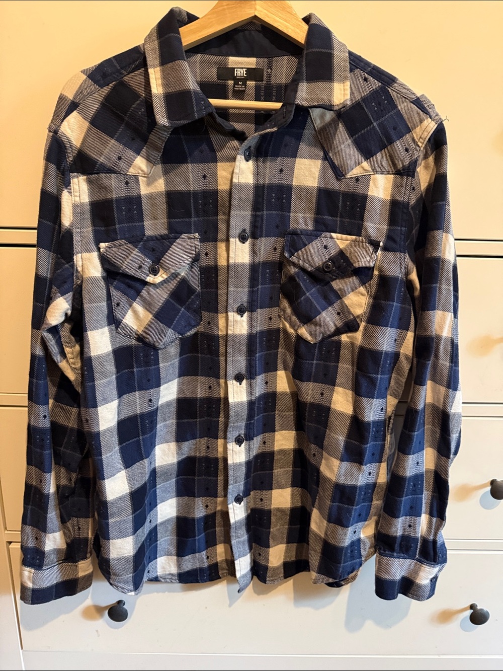 Frye Blue and White Plaid Flannel Button-Down Shirt